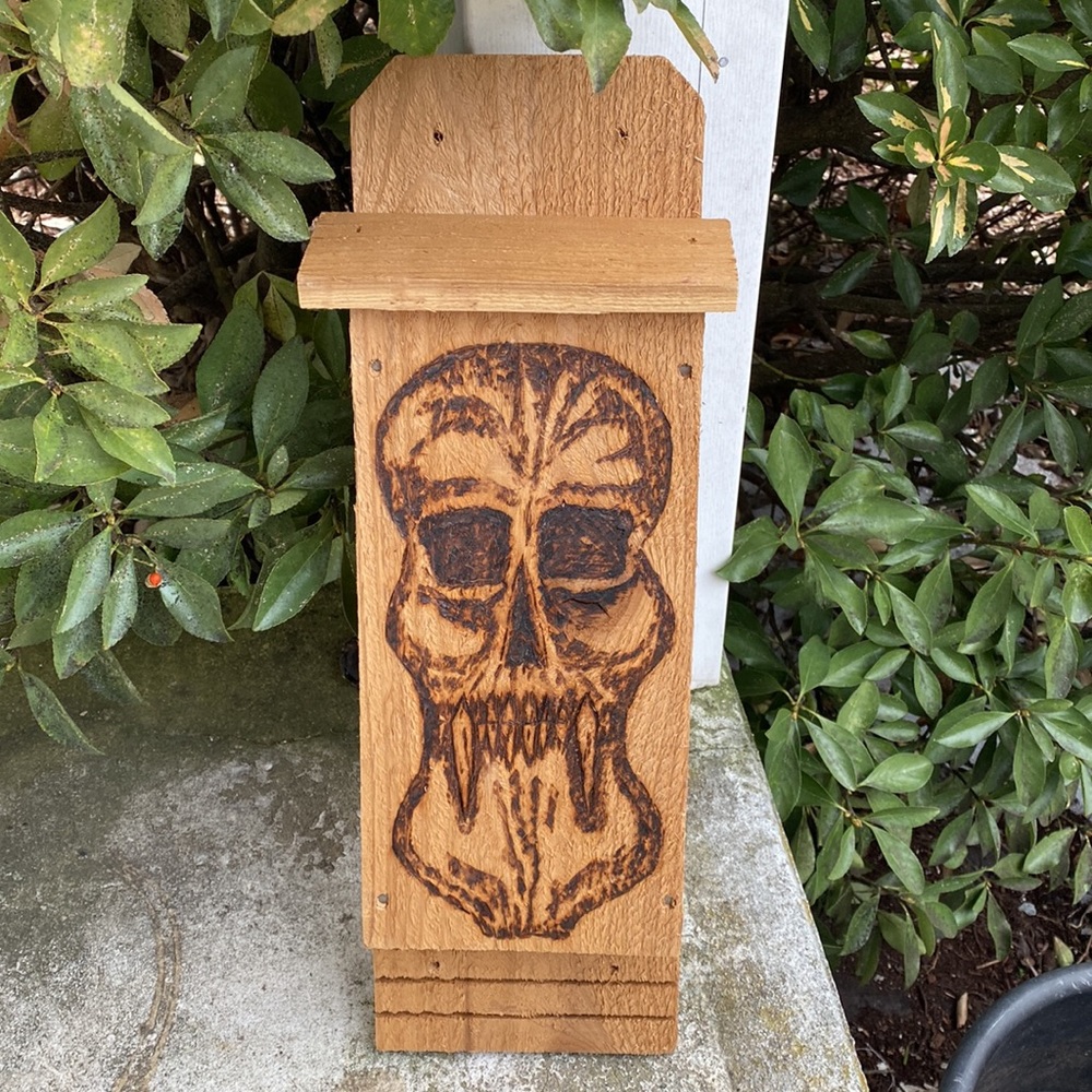 SKULL Wood burned Bat house Handcrafted SKULL bat house original artisan